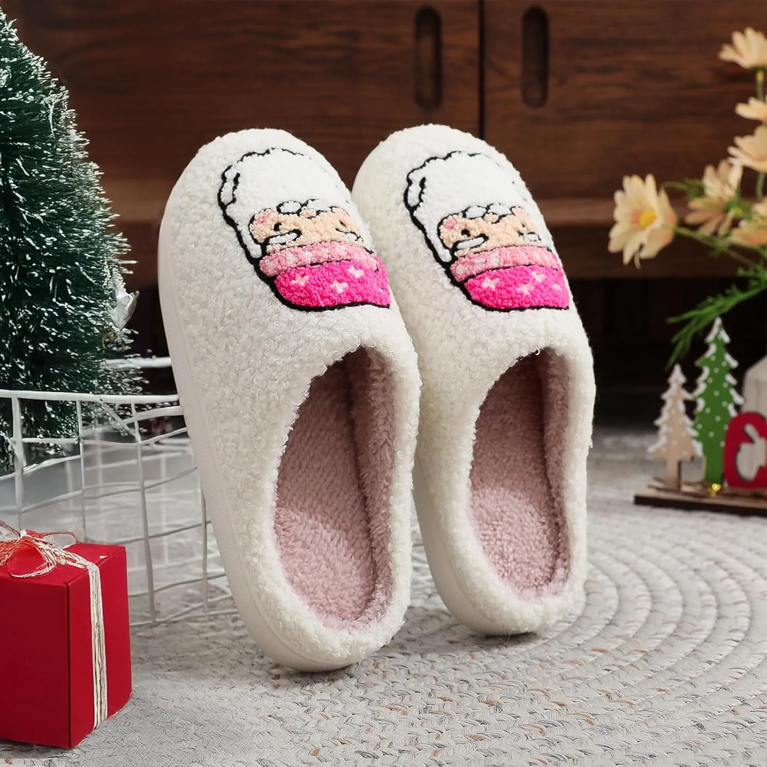 Afellicy Halloween Christmas Slippers Checkered Scuff for Women and Men Holiday Indoor Bedroom Fluffy Warm Fleece Slippers Winter Soft Cozy Home Non-Slip Soft Plush Slip-on Wool Lined House Shoes