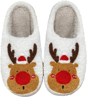 Christmas Slippers Reindeer Slippers for Women and Men Holiday Halloween Slippers Indoor Bedroom Fluffy Warm Fleece Slippers Winter Soft Cozy Home Non-Slip Soft Plush Slip-on Wool Lined House Shoes