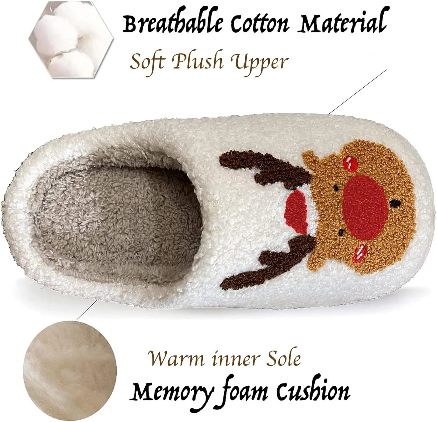 Christmas Slippers Reindeer Slippers for Women and Men Holiday Halloween Slippers Indoor Bedroom Fluffy Warm Fleece Slippers Winter Soft Cozy Home Non-Slip Soft Plush Slip-on Wool Lined House Shoes