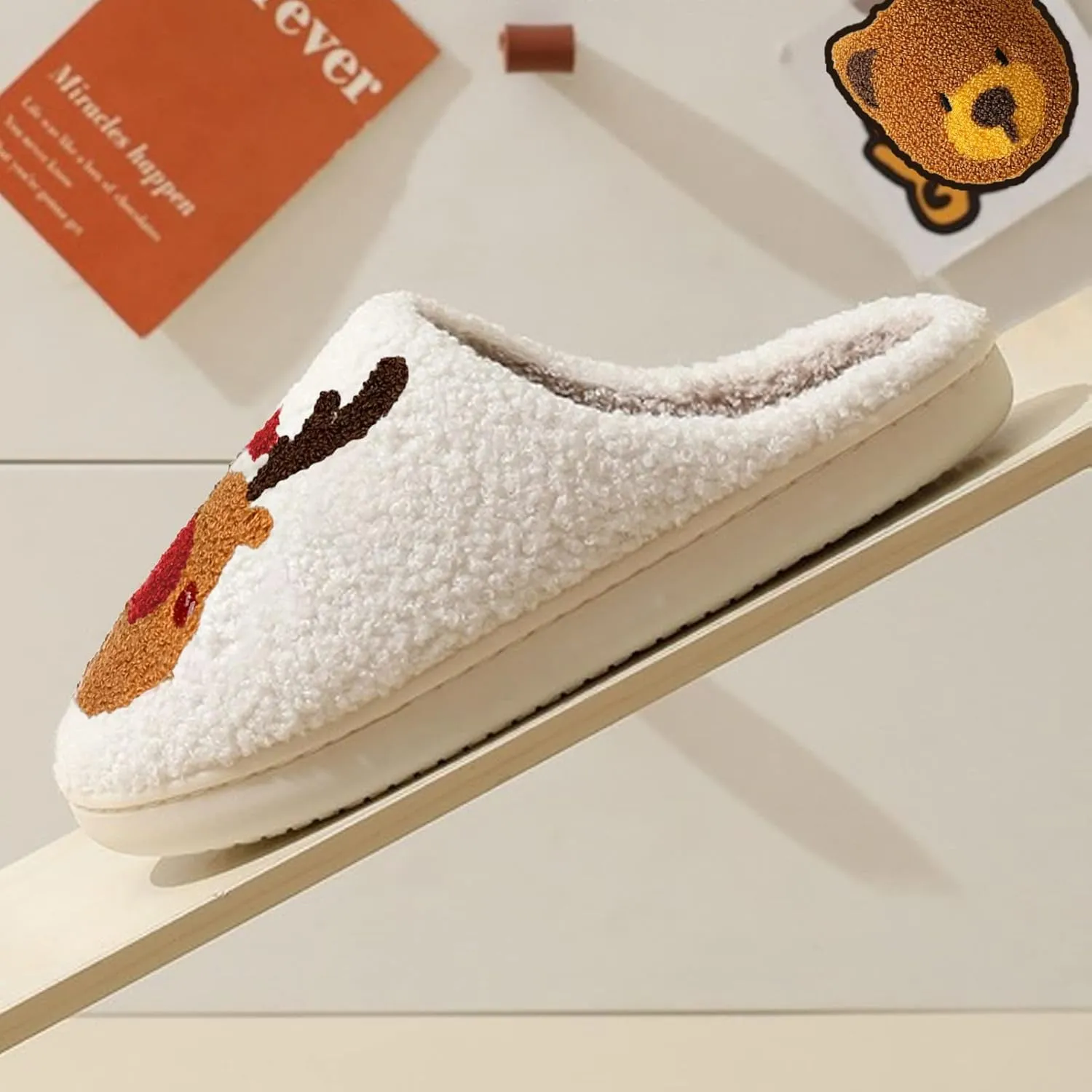 Christmas Slippers Reindeer Slippers for Women and Men Holiday Halloween Slippers Indoor Bedroom Fluffy Warm Fleece Slippers Winter Soft Cozy Home Non-Slip Soft Plush Slip-on Wool Lined House Shoes