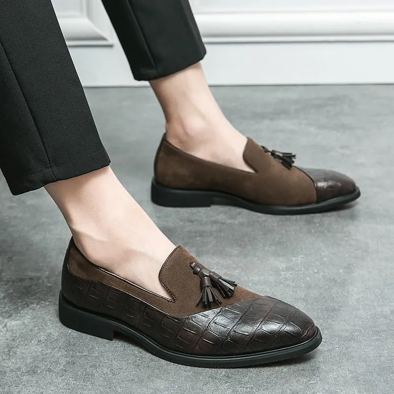 Dress Oxford for Men Slip On Suede Vegan Leather Two Tone Patchwork with Buckle Block Heel Anti-Slip Rubber Sole Non Slip Outdoor