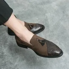 Dress Oxford for Men Slip On Suede Vegan Leather Two Tone Patchwork with Buckle Block Heel Anti-Slip Rubber Sole Non Slip Outdoor