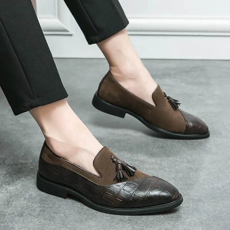 Dress Oxford for Men Slip On Suede Vegan Leather Two Tone Patchwork with Buckle Block Heel Anti-Slip Rubber Sole Non Slip Outdoor