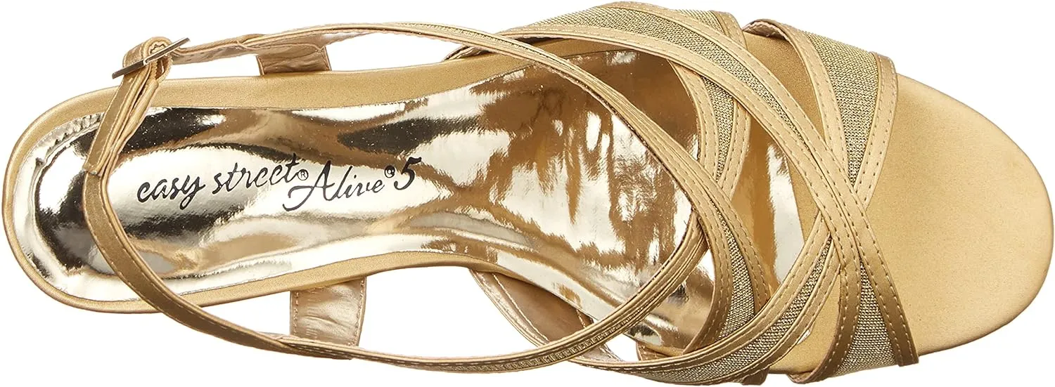 Easy Street Women's Tristen Dressy Mesh Inset Dress Sandals  Color Gold Satin Size 8W