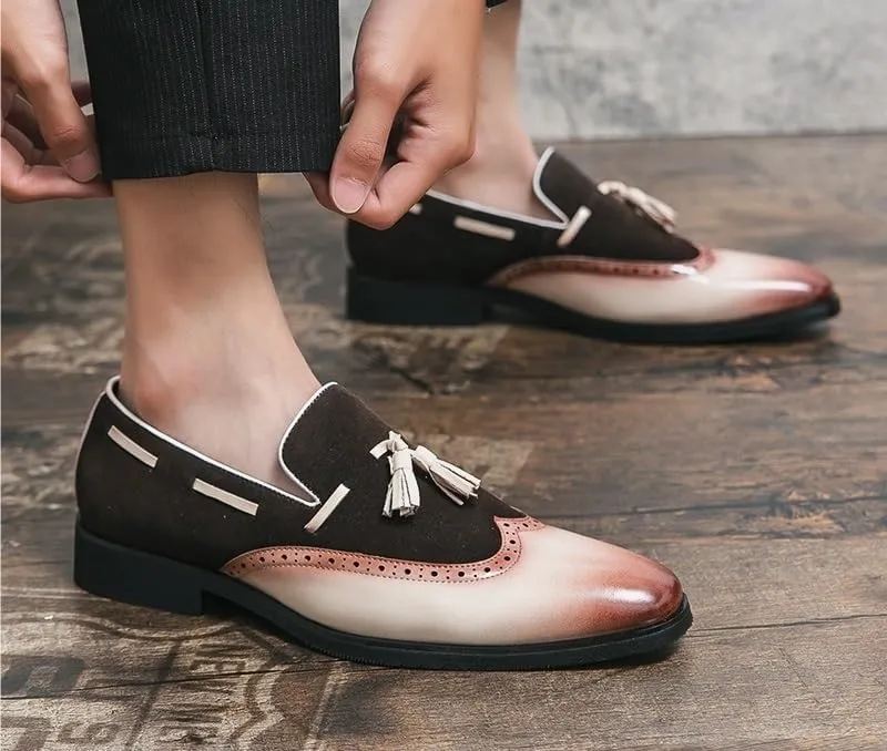 Formal Oxford Shoes for Men Slip On Square Burnished Toe Wing tip Two Tone with Tassel Boatshoes Block Heel Anti-Slip Non Slip Low Top Slip Resistant