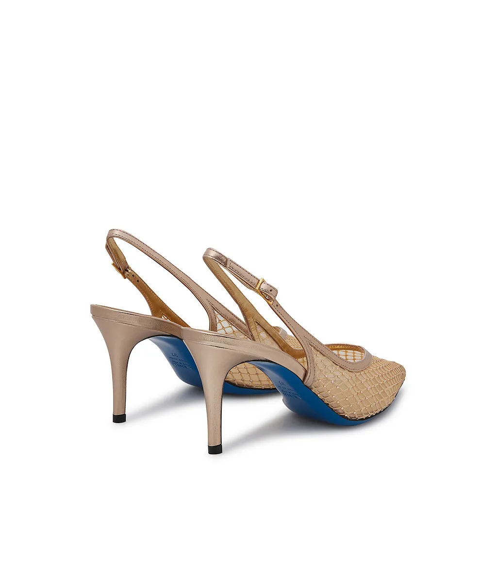 Gold syntetic fabric and nappa leather slingback pumps
