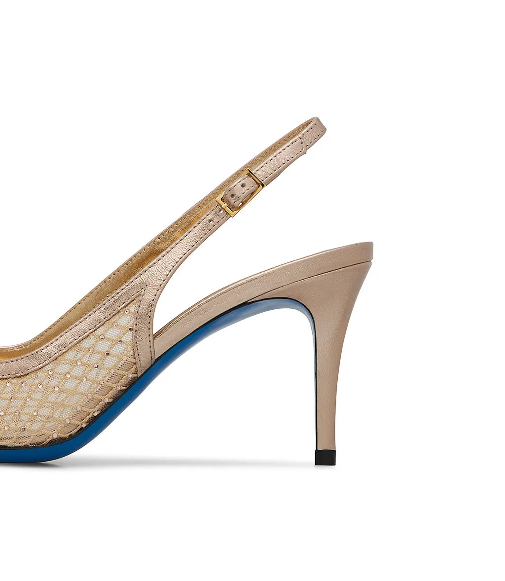 Gold syntetic fabric and nappa leather slingback pumps