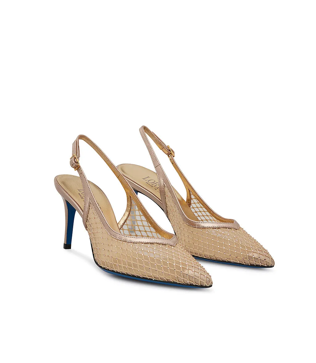 Gold syntetic fabric and nappa leather slingback pumps