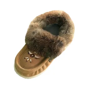 Laurentian Chief Women's Fleece Lined Rabbit Fur Crepe Sole Suede Moccasins Mocha