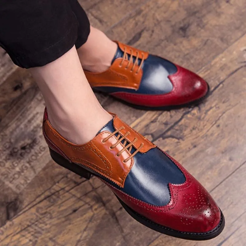 Men's Wingtip Two Tone Patchwork Brogue Oxfords Shoes Fashion Classic Carved Lace Up Leather Low Heels Dress Shoes Business Casual Derby Shoe