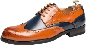 Men's Wingtip Two Tone Patchwork Brogue Oxfords Shoes Fashion Classic Carved Lace Up Leather Low Heels Dress Shoes Business Casual Derby Shoe