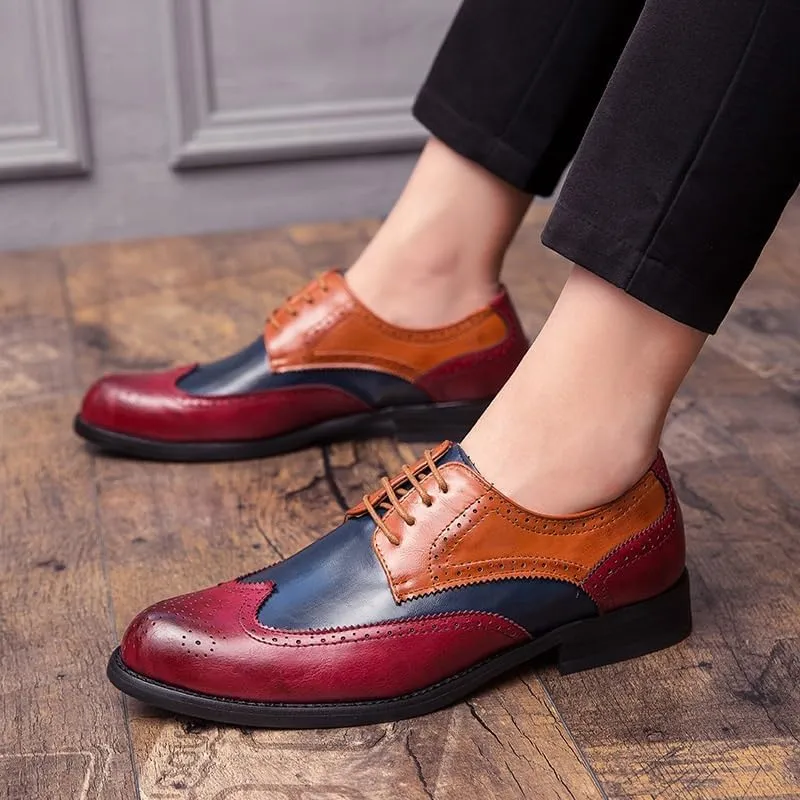Men's Wingtip Two Tone Patchwork Brogue Oxfords Shoes Fashion Classic Carved Lace Up Leather Low Heels Dress Shoes Business Casual Derby Shoe