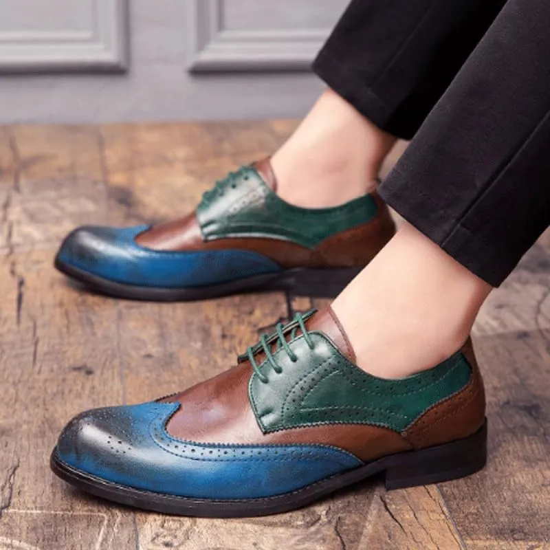 Men's Wingtip Two Tone Patchwork Brogue Oxfords Shoes Fashion Classic Carved Lace Up Leather Low Heels Dress Shoes Business Casual Derby Shoe