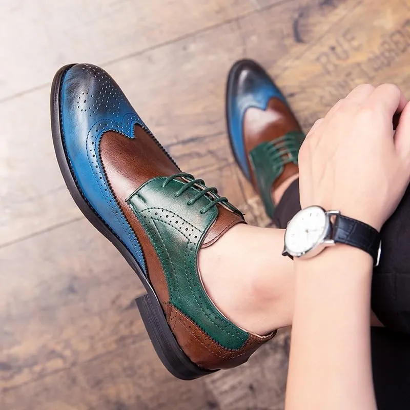 Men's Wingtip Two Tone Patchwork Brogue Oxfords Shoes Fashion Classic Carved Lace Up Leather Low Heels Dress Shoes Business Casual Derby Shoe