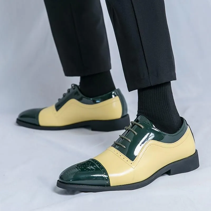 Men's Wingtip Two Tone Patchwork Brogue Oxfords Shoes Heightening Effect Business Casual Shoes Mens Derby Leather Shoes