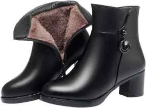 Niiyyjj Womens Wool Lined Mom Boots Side Zipper Dress Boots Mid Heel Large Size Ankle Boots