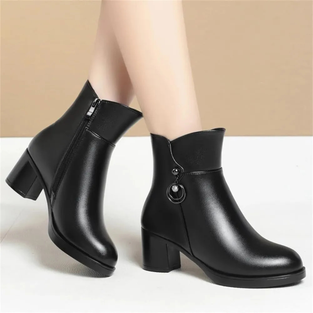 Niiyyjj Womens Wool Lined Mom Boots Side Zipper Dress Boots Mid Heel Large Size Ankle Boots