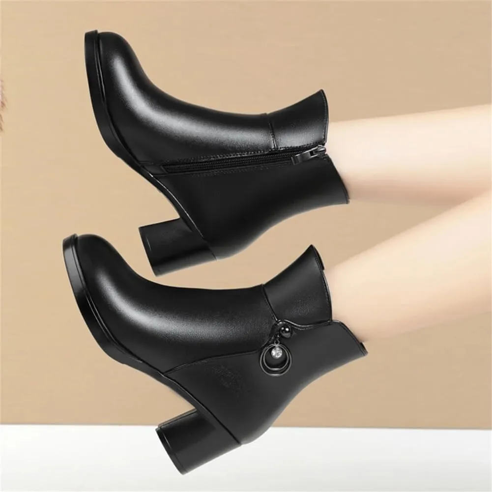 Niiyyjj Womens Wool Lined Mom Boots Side Zipper Dress Boots Mid Heel Large Size Ankle Boots