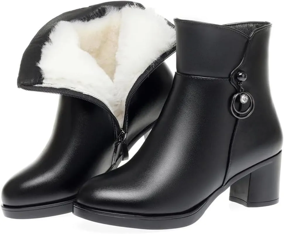 Niiyyjj Womens Wool Lined Mom Boots Side Zipper Dress Boots Mid Heel Large Size Ankle Boots