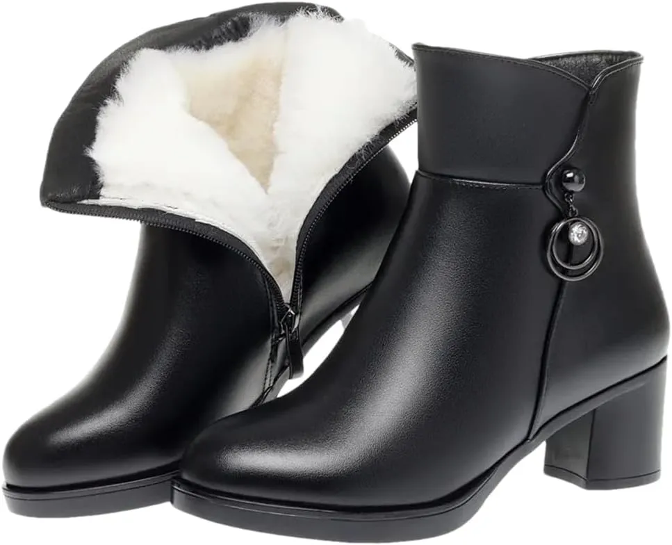 Niiyyjj Womens Wool Lined Mom Boots Side Zipper Dress Boots Mid Heel Large Size Ankle Boots