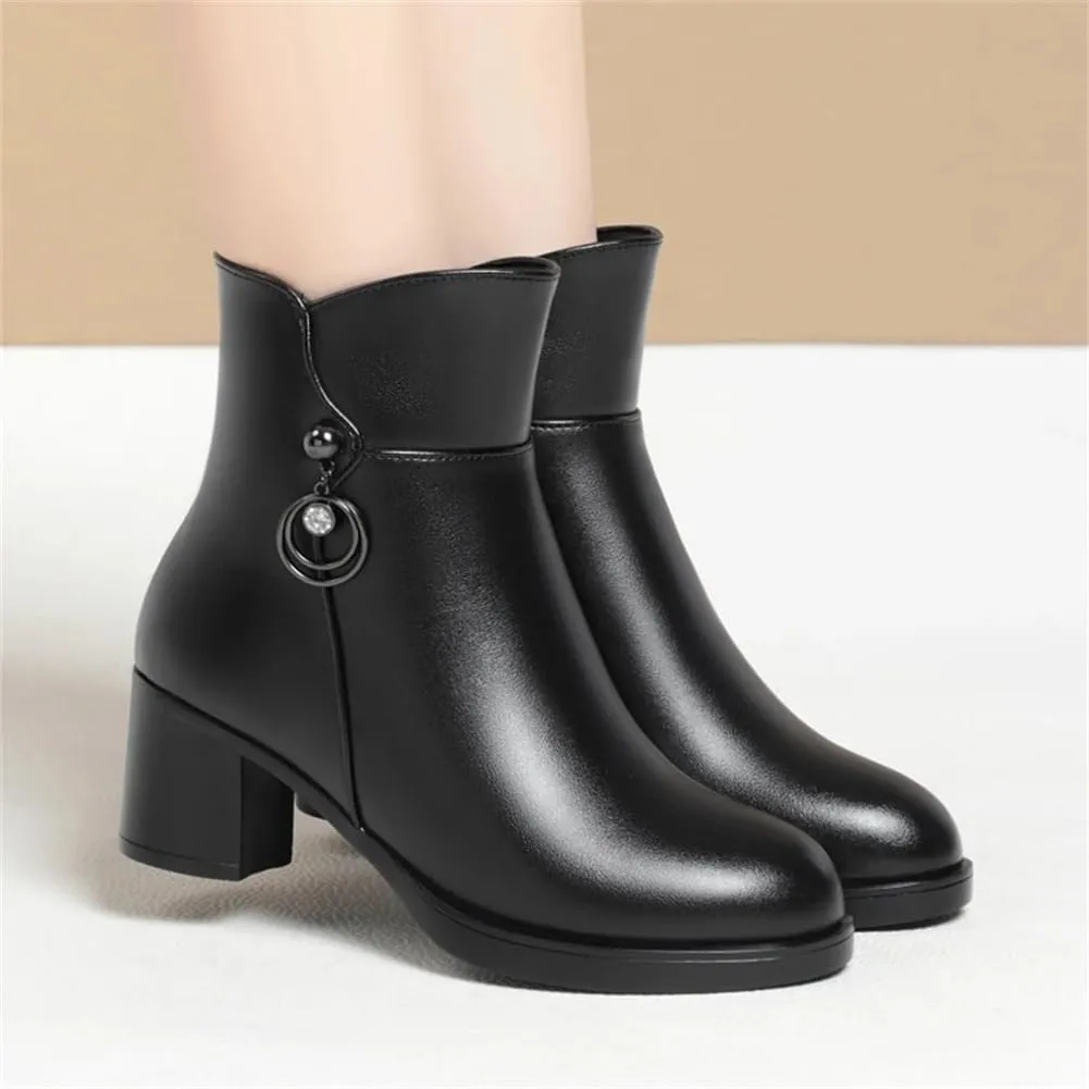 Niiyyjj Womens Wool Lined Mom Boots Side Zipper Dress Boots Mid Heel Large Size Ankle Boots