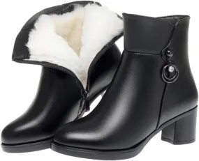 Niiyyjj Womens Wool Lined Mom Boots Side Zipper Dress Boots Mid Heel Large Size Ankle Boots