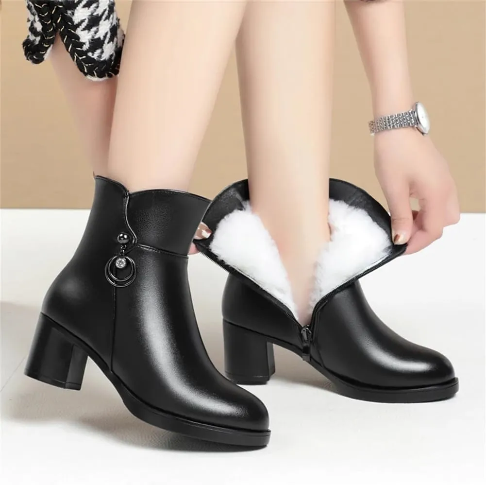Niiyyjj Womens Wool Lined Mom Boots Side Zipper Dress Boots Mid Heel Large Size Ankle Boots