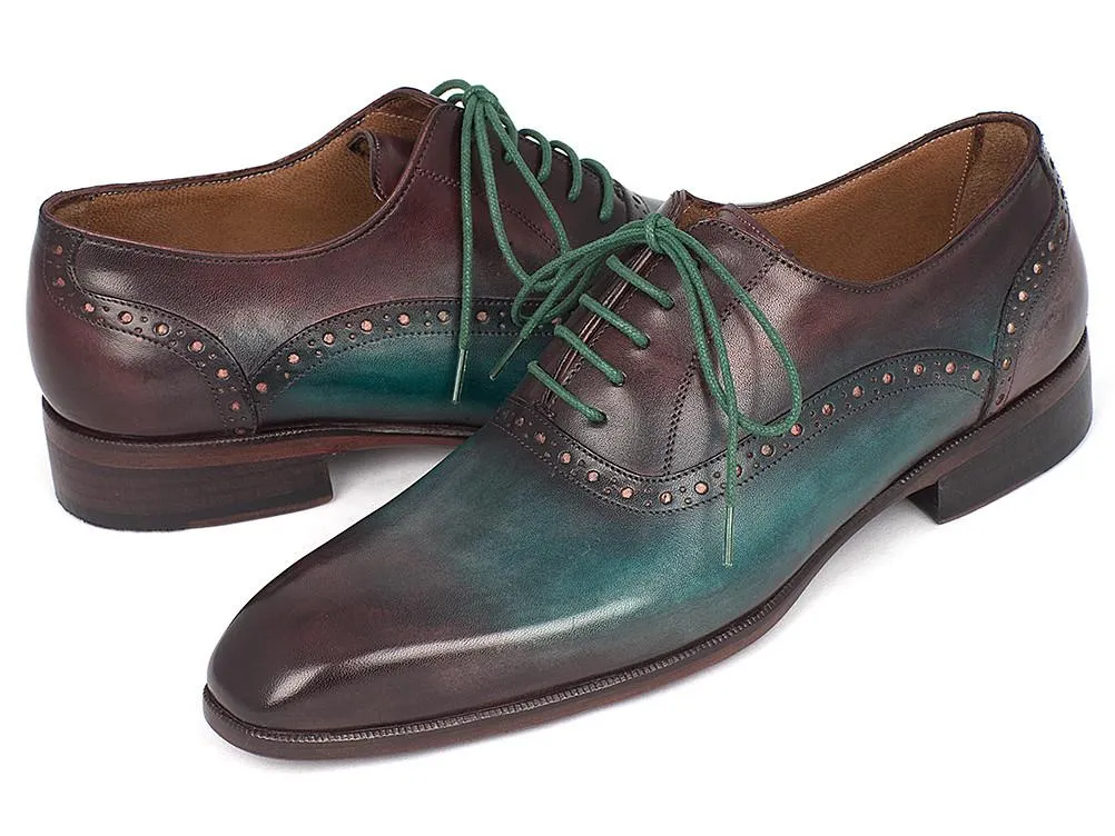 Paul Parkman Men's Green & Bordeaux Plain Toe Oxfords Shoes (ID#GH88BB)