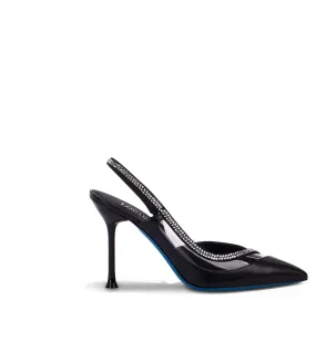 Rhinestones black nappa leather and plexi slingback pumps