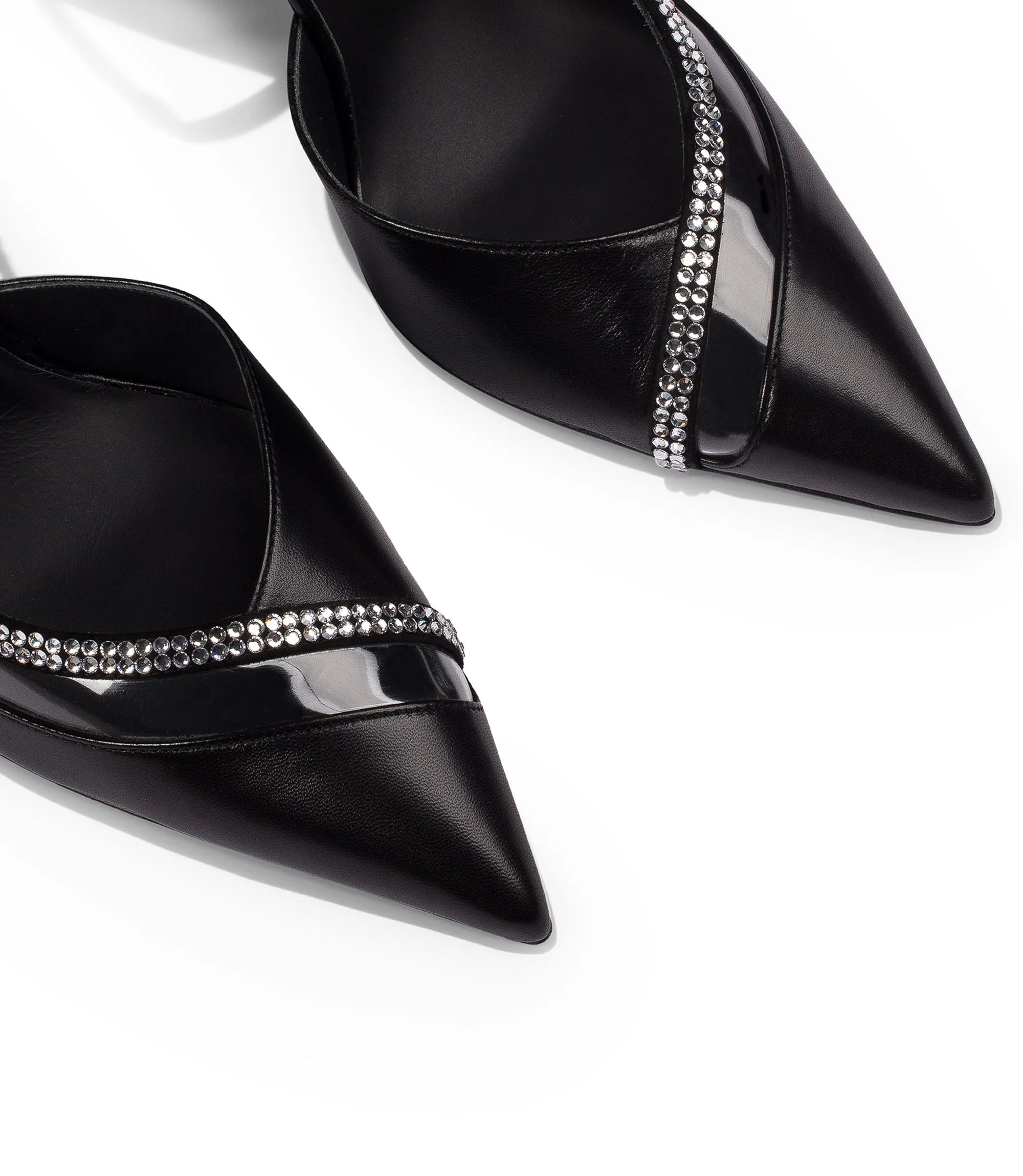 Rhinestones black nappa leather and plexi slingback pumps