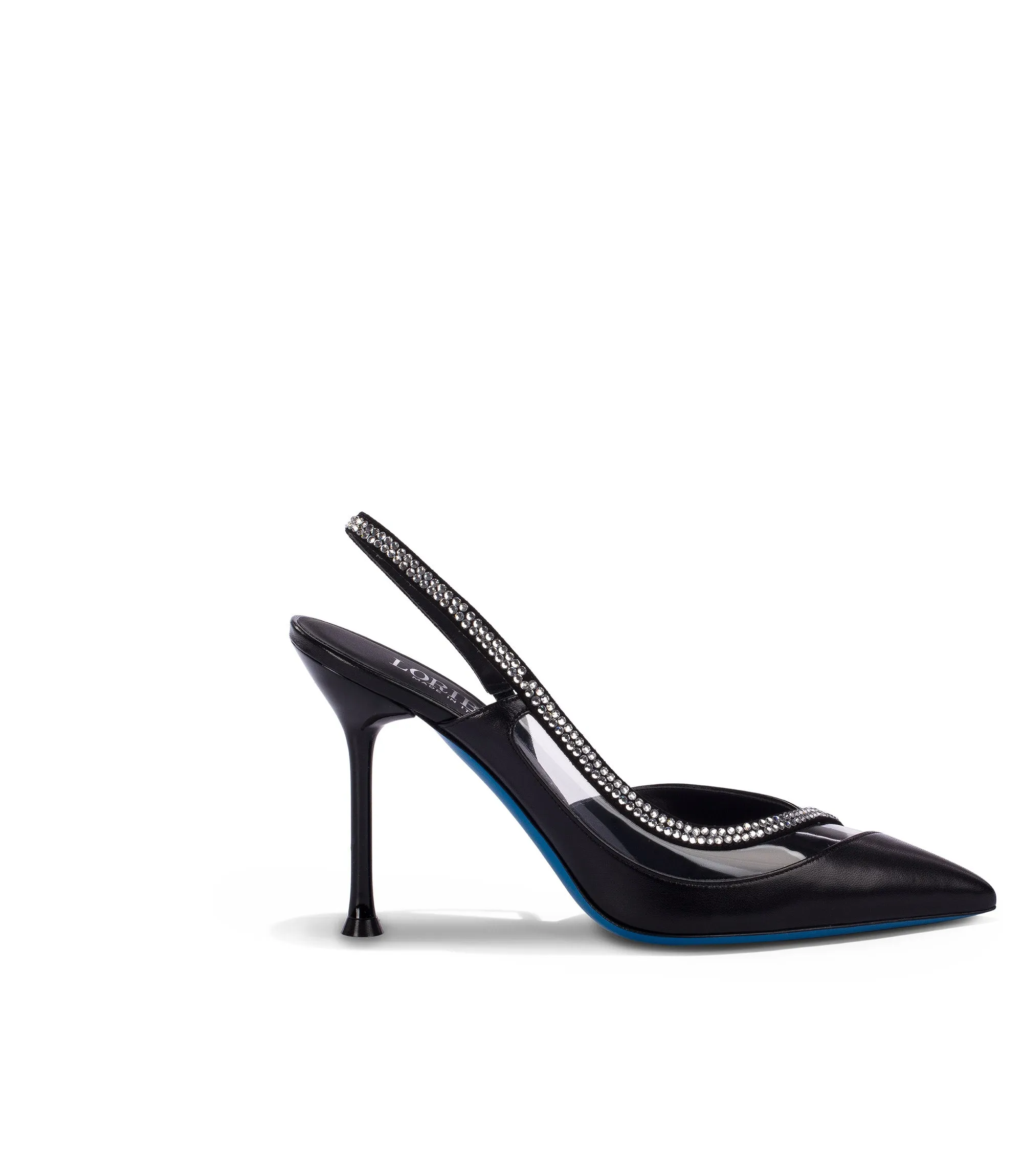 Rhinestones black nappa leather and plexi slingback pumps