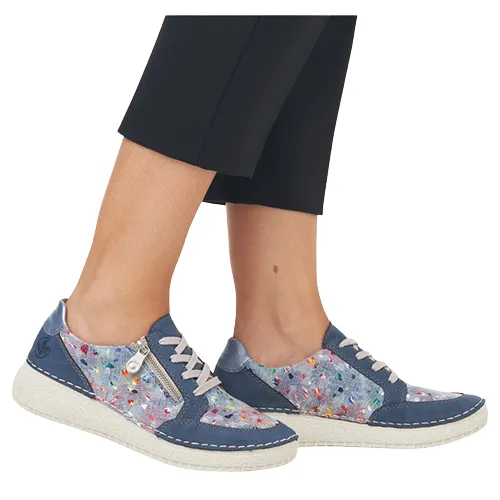 Rieker Ladies Low Wedge Trainers - 50900-90 - Blue Multi