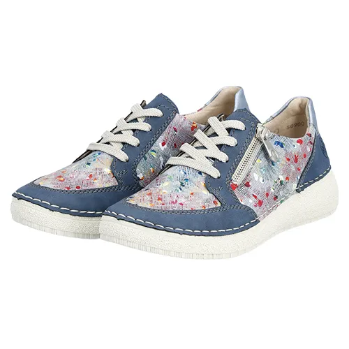 Rieker Ladies Low Wedge Trainers - 50900-90 - Blue Multi