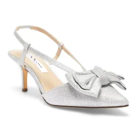 Teddy Heel in New Silver Glitter Satin