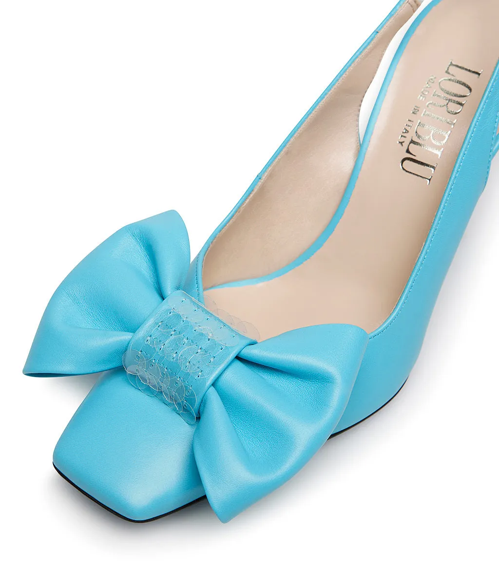 Tiffany blue nappa leather slingback pumps with bow and sequins
