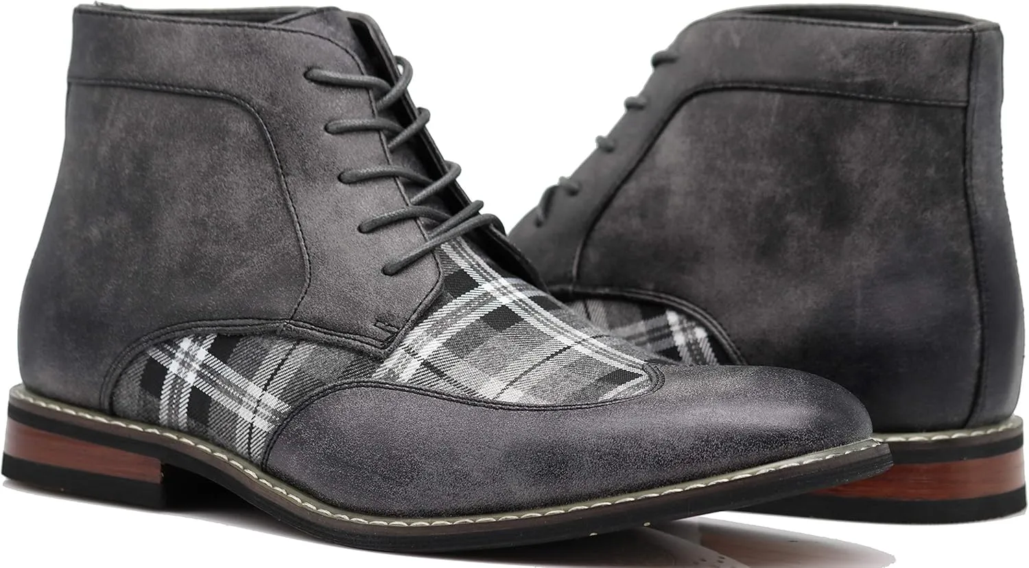 Titan04 Men Spectator Tweed Plaid Two Tone Chukka Ankle Wingtips Oxfords Dress Boots Perforated Lace Up Dress Shoes