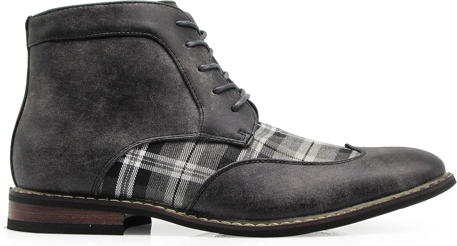 Titan04 Men Spectator Tweed Plaid Two Tone Chukka Ankle Wingtips Oxfords Dress Boots Perforated Lace Up Dress Shoes