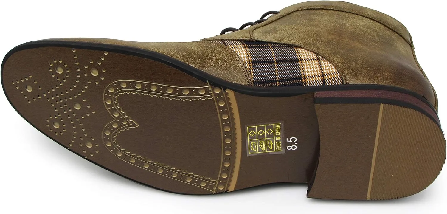 Titan04 Men Spectator Tweed Plaid Two Tone Chukka Ankle Wingtips Oxfords Dress Boots Perforated Lace Up Dress Shoes