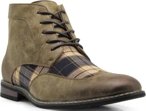 Titan04 Men Spectator Tweed Plaid Two Tone Chukka Ankle Wingtips Oxfords Dress Boots Perforated Lace Up Dress Shoes