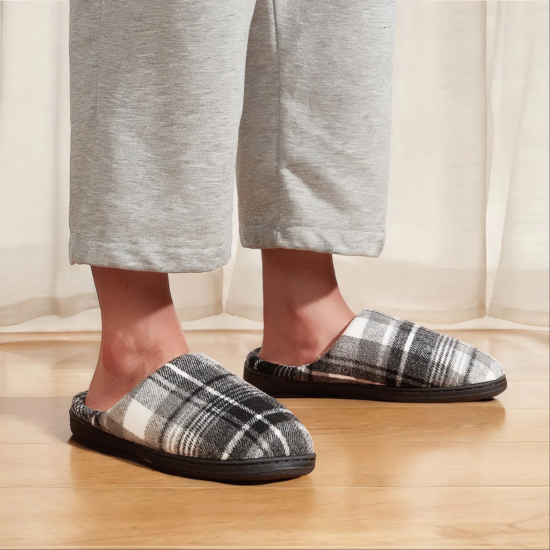 TPR lightweight slippers S | Fashionable Flano Plaid Mens Plush Wide Slippers