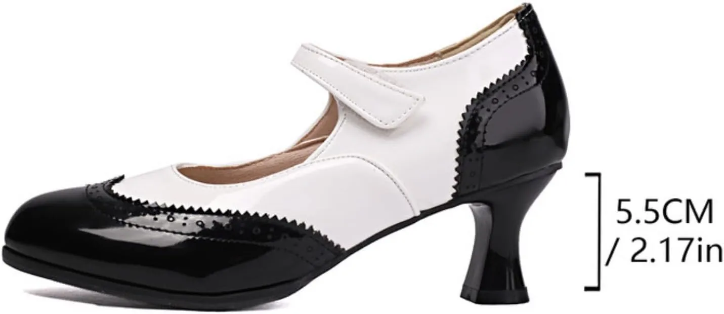 Women's Kitten Low Heels Mary Jane Pumps Round Closed Toe Ankle Strap Two Tone Dress Shoes Classic Retro Wingtip Derby Saddle Oxfords