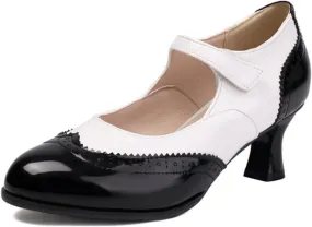 Women's Kitten Low Heels Mary Jane Pumps Round Closed Toe Ankle Strap Two Tone Dress Shoes Classic Retro Wingtip Derby Saddle Oxfords