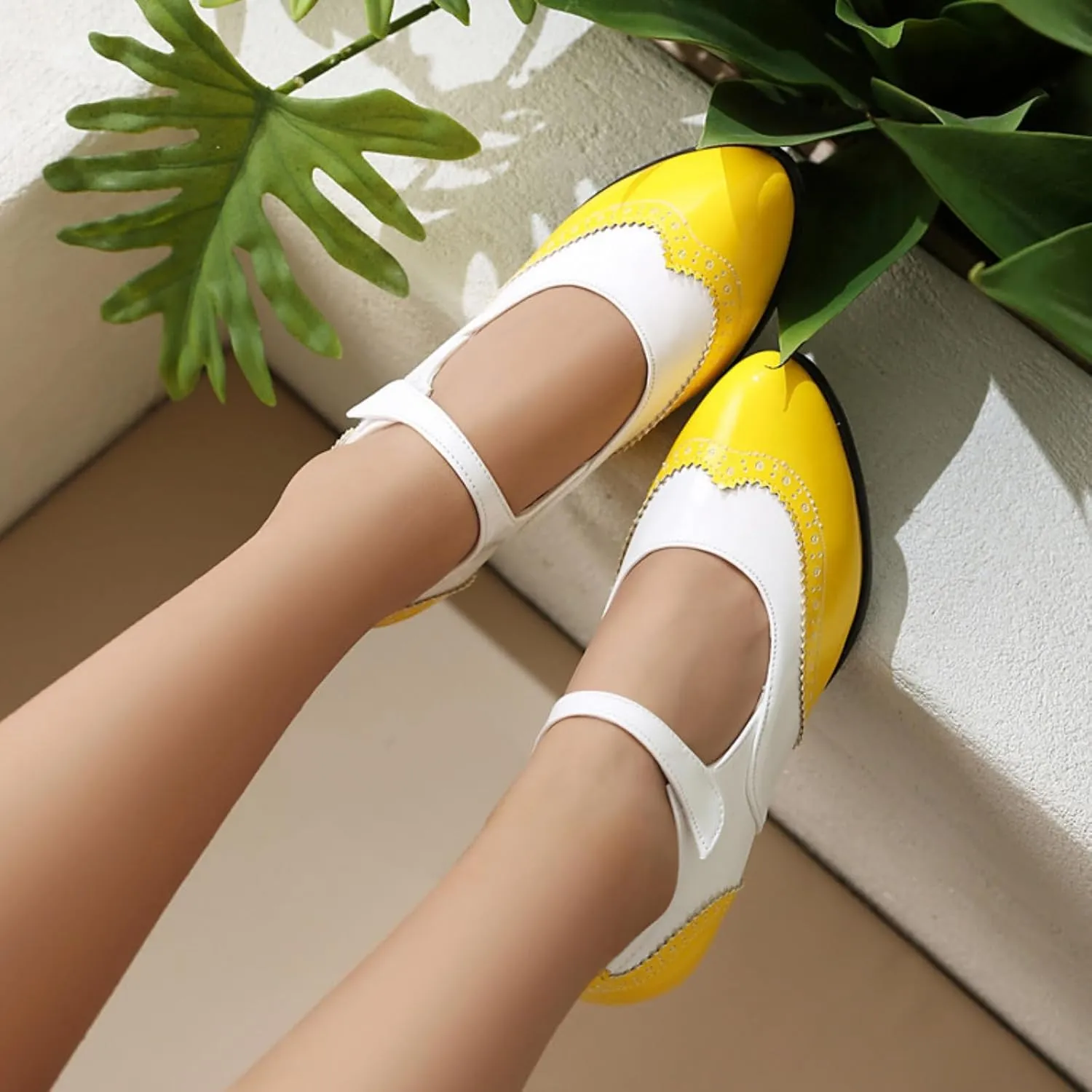 Women's Kitten Low Heels Mary Jane Pumps Round Closed Toe Ankle Strap Two Tone Dress Shoes Classic Retro Wingtip Derby Saddle Oxfords