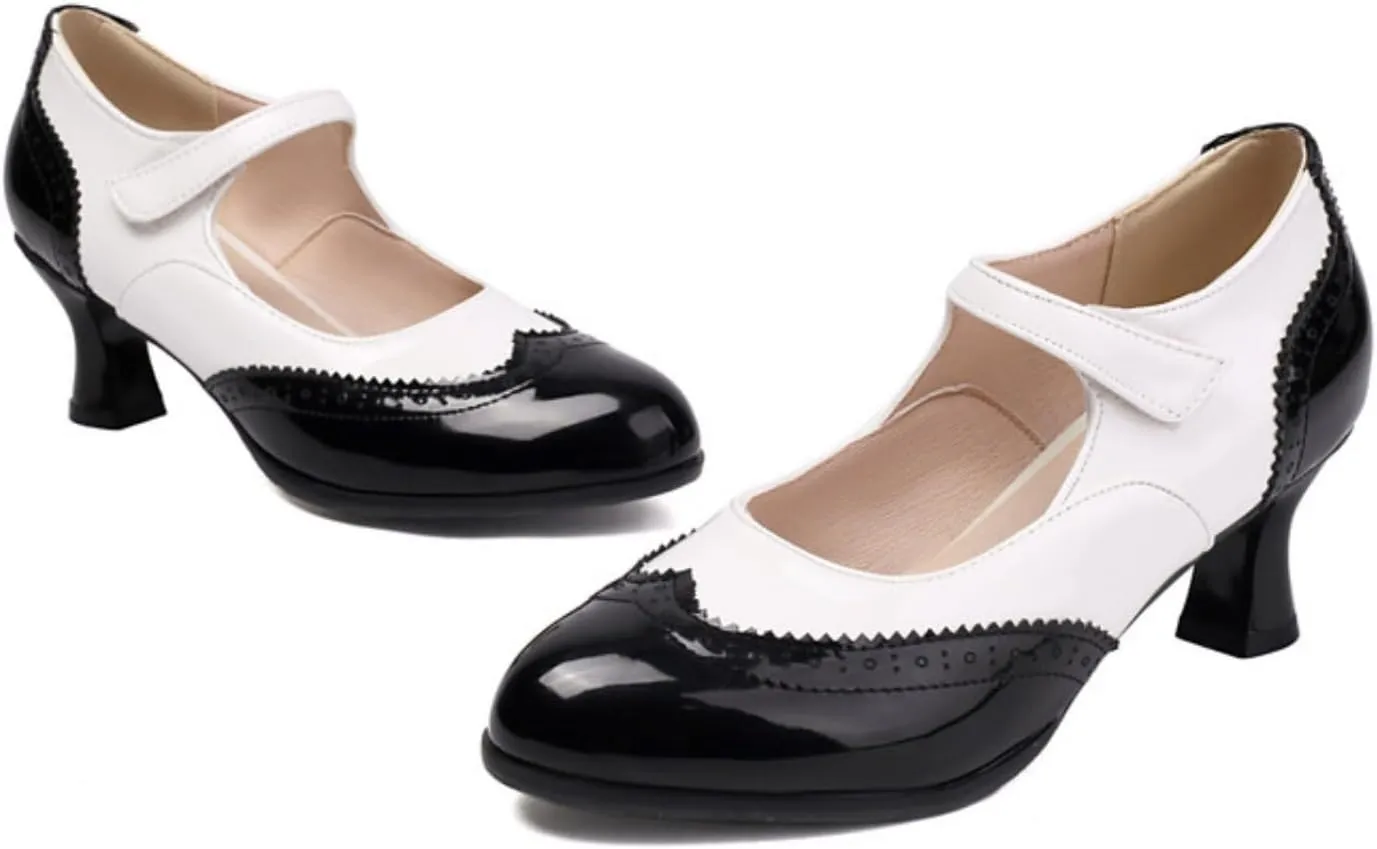 Women's Kitten Low Heels Mary Jane Pumps Round Closed Toe Ankle Strap Two Tone Dress Shoes Classic Retro Wingtip Derby Saddle Oxfords