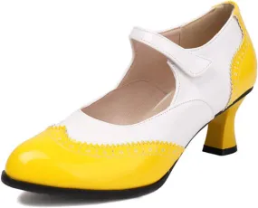 Women's Kitten Low Heels Mary Jane Pumps Round Closed Toe Ankle Strap Two Tone Dress Shoes Classic Retro Wingtip Derby Saddle Oxfords