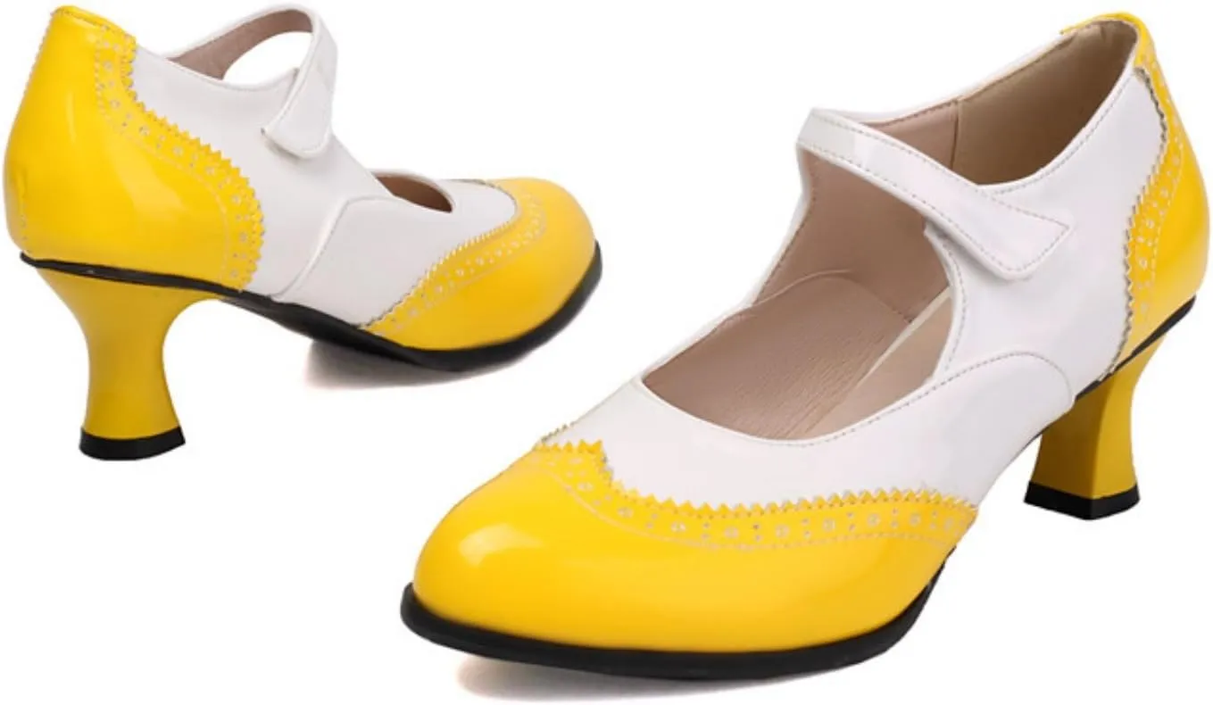Women's Kitten Low Heels Mary Jane Pumps Round Closed Toe Ankle Strap Two Tone Dress Shoes Classic Retro Wingtip Derby Saddle Oxfords