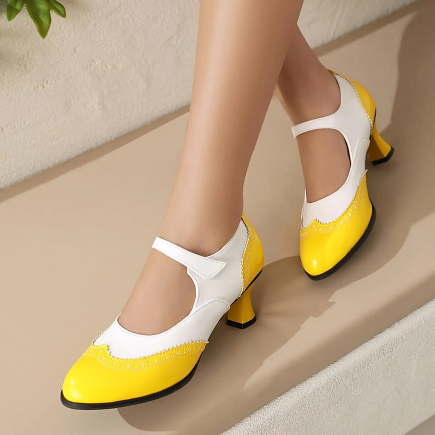 Women's Kitten Low Heels Mary Jane Pumps Round Closed Toe Ankle Strap Two Tone Dress Shoes Classic Retro Wingtip Derby Saddle Oxfords