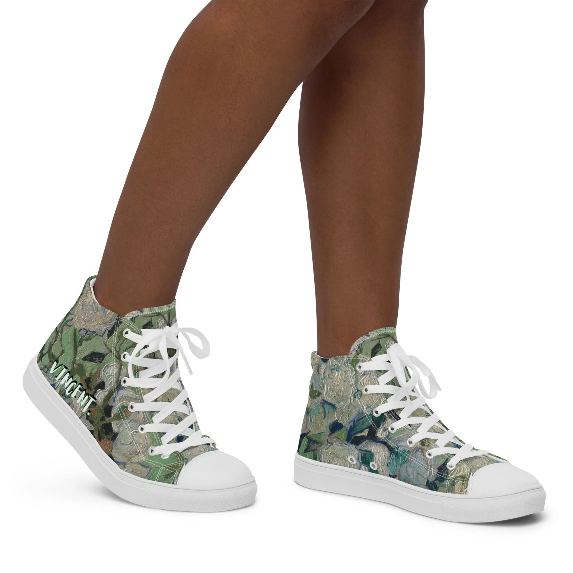 Women’s Van Gogh Inspired White Roses High Top Canvas Shoes