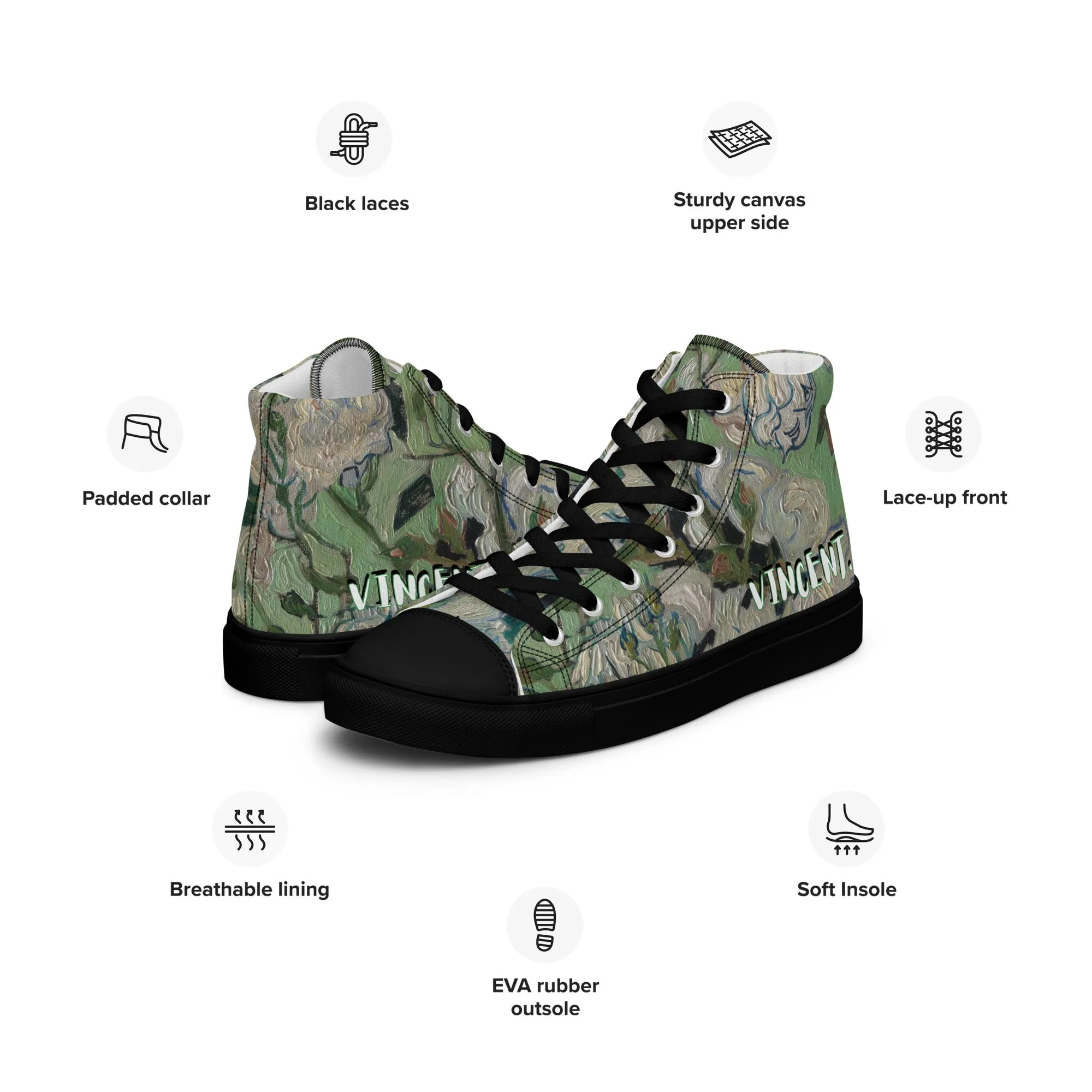 Women’s Van Gogh Inspired White Roses High Top Canvas Shoes