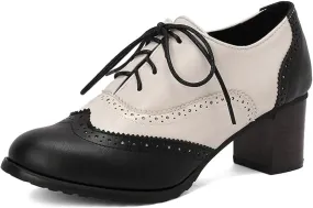 Womens Vintage Oxfords Shoes Chunky High Heels Lace Up Wingtip Two Tone Perforated Saddle Pumps Shoes